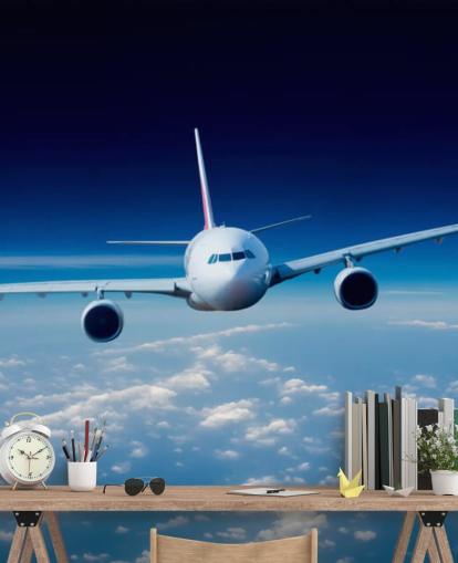 mural de papel pintado de avión azul y blanco llamado Passenger Airliner para dormitorios y oficinas