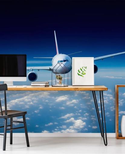 blue and white airplane wallpaper mural called Passenger Airliner for bedrooms and offices