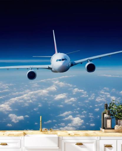 mural de papel pintado de avión azul y blanco llamado Passenger Airliner para dormitorios y oficinas