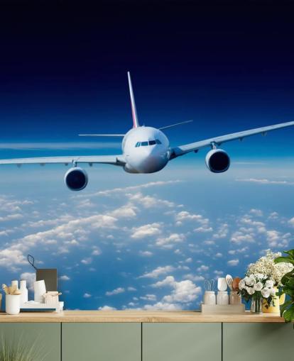 blauw-witte vliegtuigbehangmuurschildering genaamd Passenger Airliner voor slaapkamers en kantoren