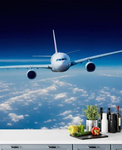 blue and white airplane wallpaper mural called Passenger Airliner for bedrooms and offices