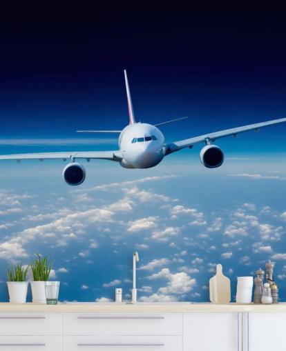 blå og hvid flytapet vægmaleri kaldet Passenger Airliner til soveværelser og kontorer