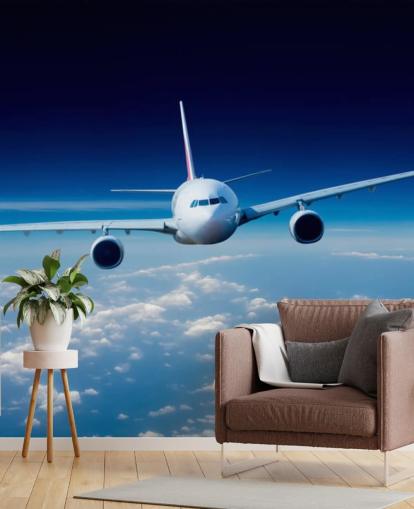blue and white airplane wallpaper mural called Passenger Airliner for bedrooms and offices