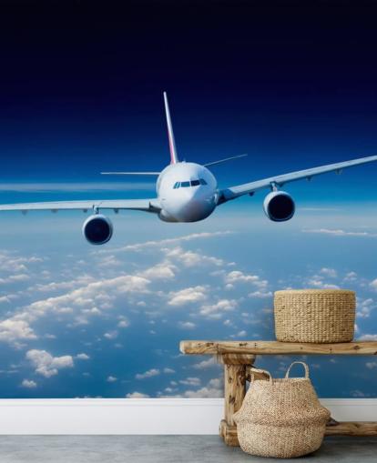 blue and white airplane wallpaper mural called Passenger Airliner for bedrooms and offices