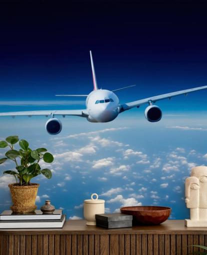 mural de papel pintado de avión azul y blanco llamado Passenger Airliner para dormitorios y oficinas