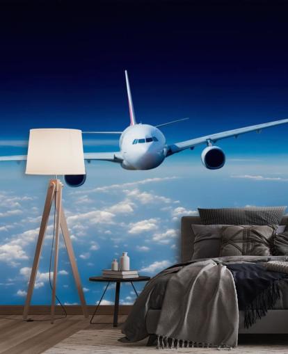 Blau-weiße Flugzeug-Tapete namens Passenger Airliner für Schlafzimmer und Büros