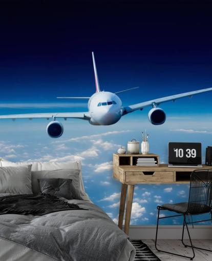 mural de papel pintado de avión azul y blanco llamado Passenger Airliner para dormitorios y oficinas