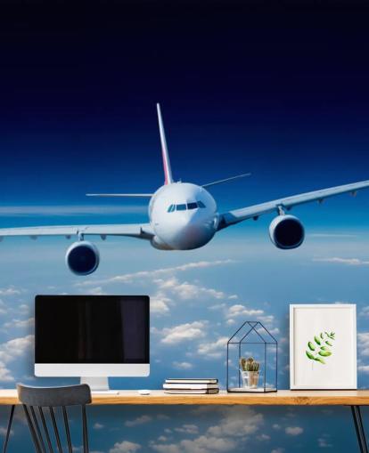 mural de papel pintado de avión azul y blanco llamado Passenger Airliner para dormitorios y oficinas