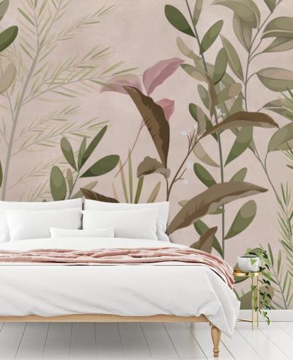 Carta da parati murale con foglie su beige per camera da letto e soggiorno