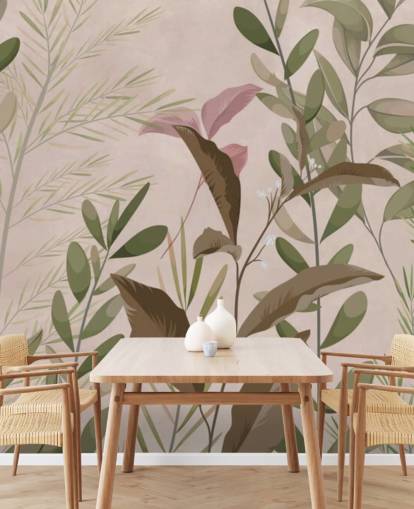 Mural de papel pintado con hojas en color beige para dormitorio y sala de estar Mural de papel pintado con hojas en color beige para dormitorio y sala de estar