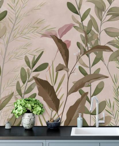 Folhas no mural de papel de parede bege para quarto e sala de estar