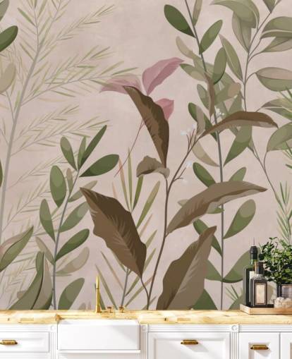 Leaves on Beige Wallpaper Mural for bedroom and living room