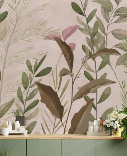 Papier peint Feuilles sur fond beige pour chambre à coucher et salon