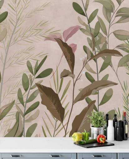 Leaves on Beige Wallpaper Mural for bedroom and living room