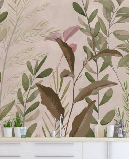 Folhas no mural de papel de parede bege para quarto e sala de estar