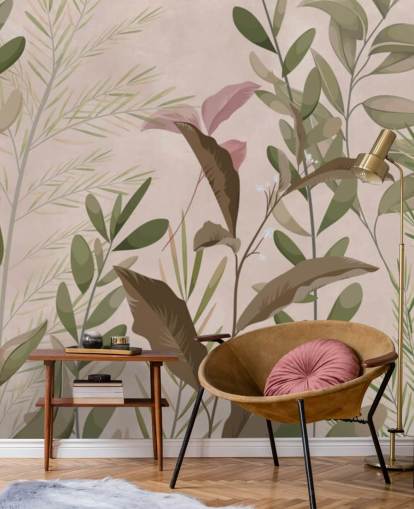 Folhas no mural de papel de parede bege para quarto e sala de estar