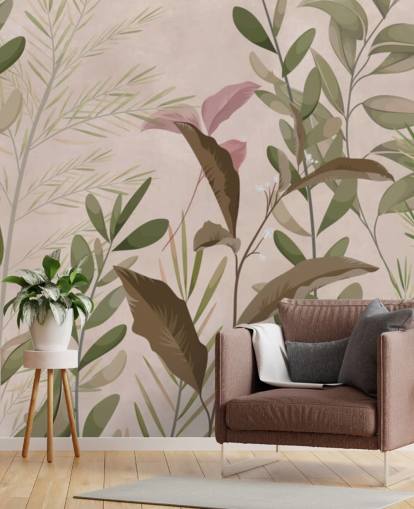 Folhas no mural de papel de parede bege para quarto e sala de estar