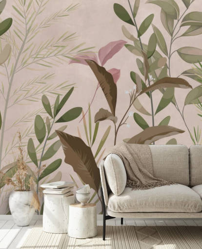 Mural de papel pintado con hojas en color beige para dormitorio y sala de estar