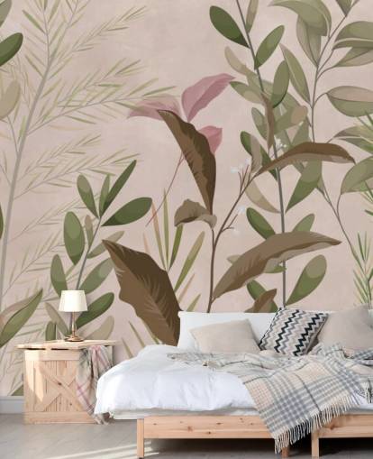 Folhas no mural de papel de parede bege para quarto e sala de estar