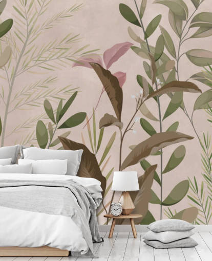 Folhas no mural de papel de parede bege para quarto e sala de estar