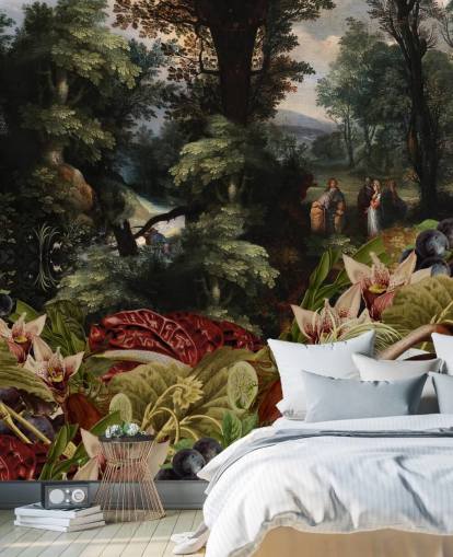 carta da parati di sfondo di piante, uccelli e paesaggio vintage