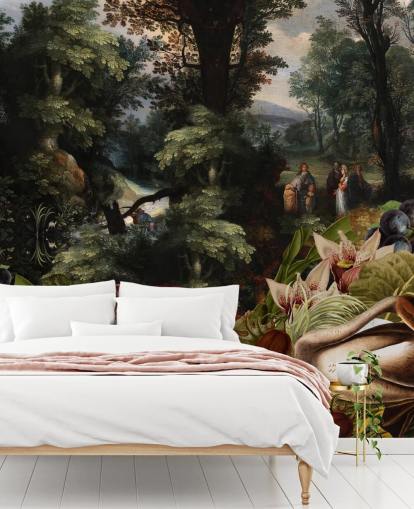 planten, vogel en vintage landschap achtergrond behang