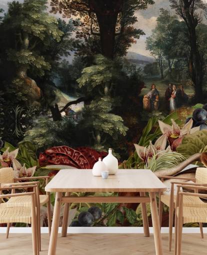 planten, vogel en vintage landschap achtergrond behang