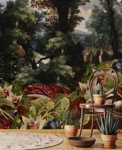 carta da parati di sfondo di piante, uccelli e paesaggio vintage