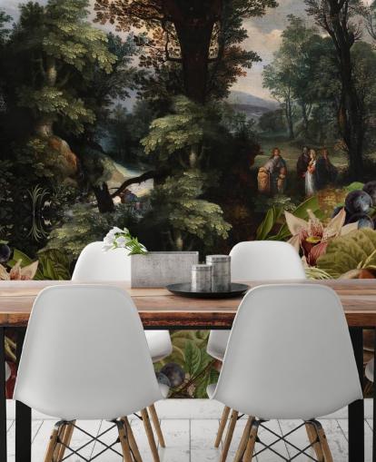 planter, fugl og vintage landskab baggrund tapet