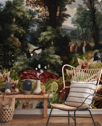 planter, fugl og vintage landskab baggrund tapet