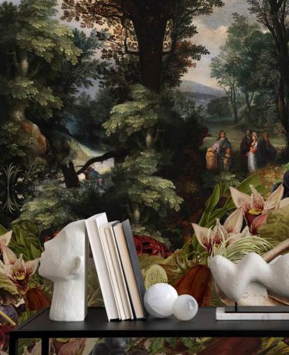 planten, vogel en vintage landschap achtergrond behang