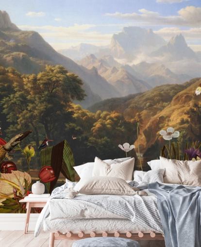 paesaggio di montagna tropicale con carta da parati uccelli