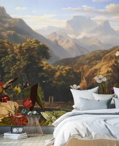 cenário de montanha tropical com papel de parede de pássaros cenário de montanha tropical com papel de parede de pássaros