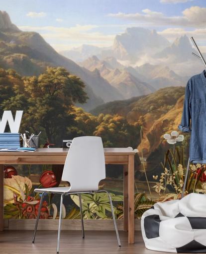 cenário de montanha tropical com papel de parede de pássaros