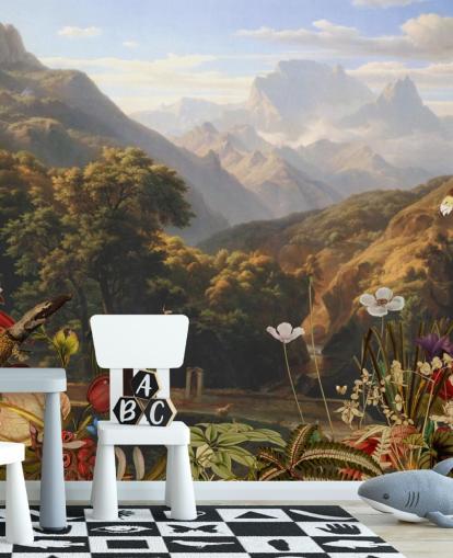 tropical mountain scenery with birds wallpaper