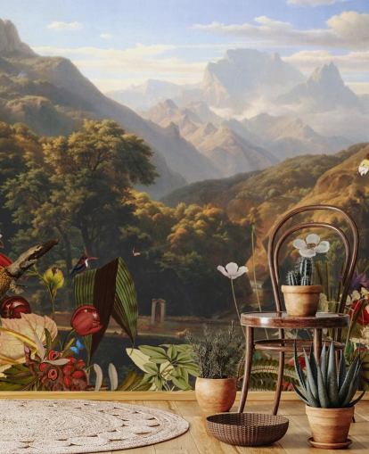 cenário de montanha tropical com papel de parede de pássaros