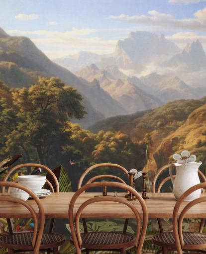 paesaggio di montagna tropicale con carta da parati uccelli