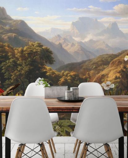 cenário de montanha tropical com papel de parede de pássaros cenário de montanha tropical com papel de parede de pássaros