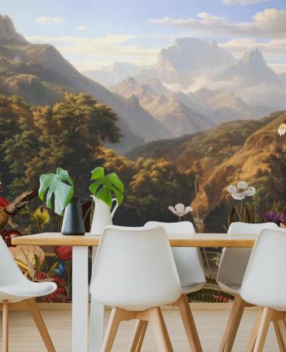 cenário de montanha tropical com papel de parede de pássaros