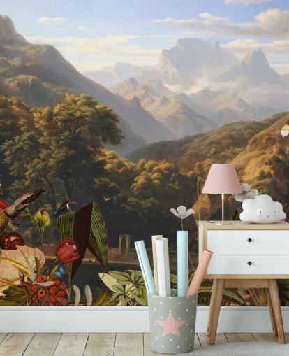 tropische Berglandschaft mit Vögel Wallpaper