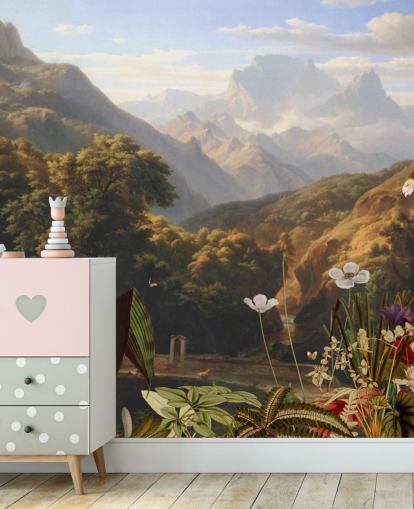 cenário de montanha tropical com papel de parede de pássaros