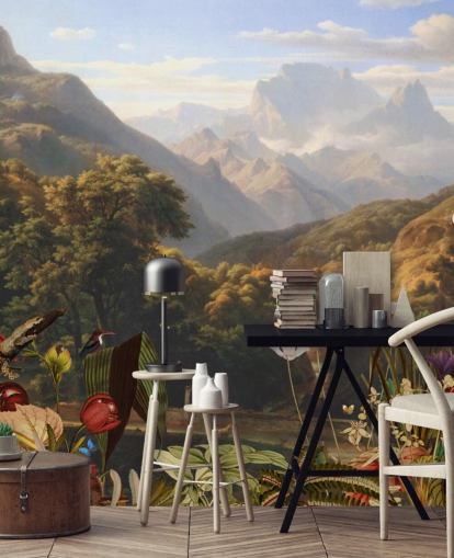 tropisch berglandschap met vogels behang