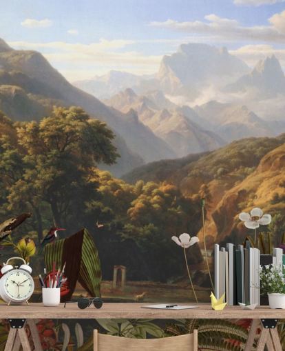 paysage de montagne tropicale avec fond d'écran oiseaux