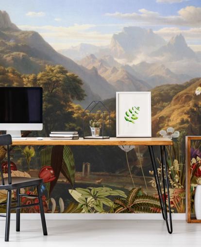 cenário de montanha tropical com papel de parede de pássaros