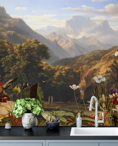 tropical mountain scenery with birds wallpaper