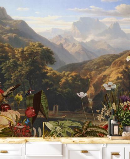 tropical mountain scenery with birds wallpaper