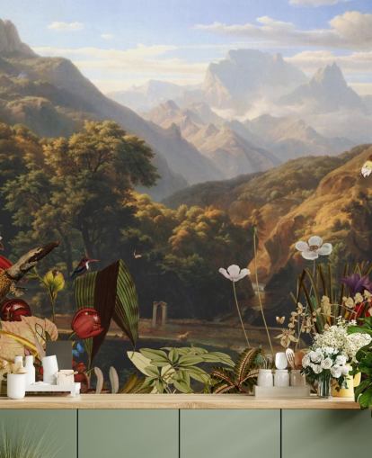 cenário de montanha tropical com papel de parede de pássaros