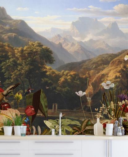 paesaggio di montagna tropicale con carta da parati uccelli