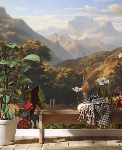 paesaggio di montagna tropicale con carta da parati uccelli