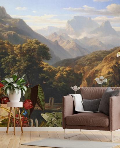 cenário de montanha tropical com papel de parede de pássaros